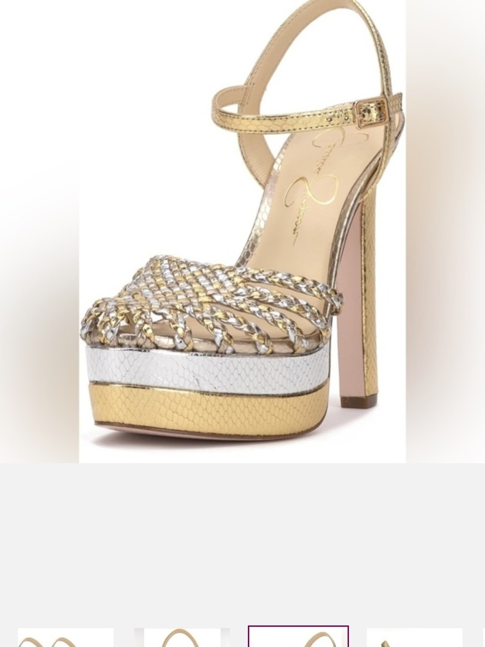 Jessica Simpson Gold and White Braided Platform Ankle-Strap Heels